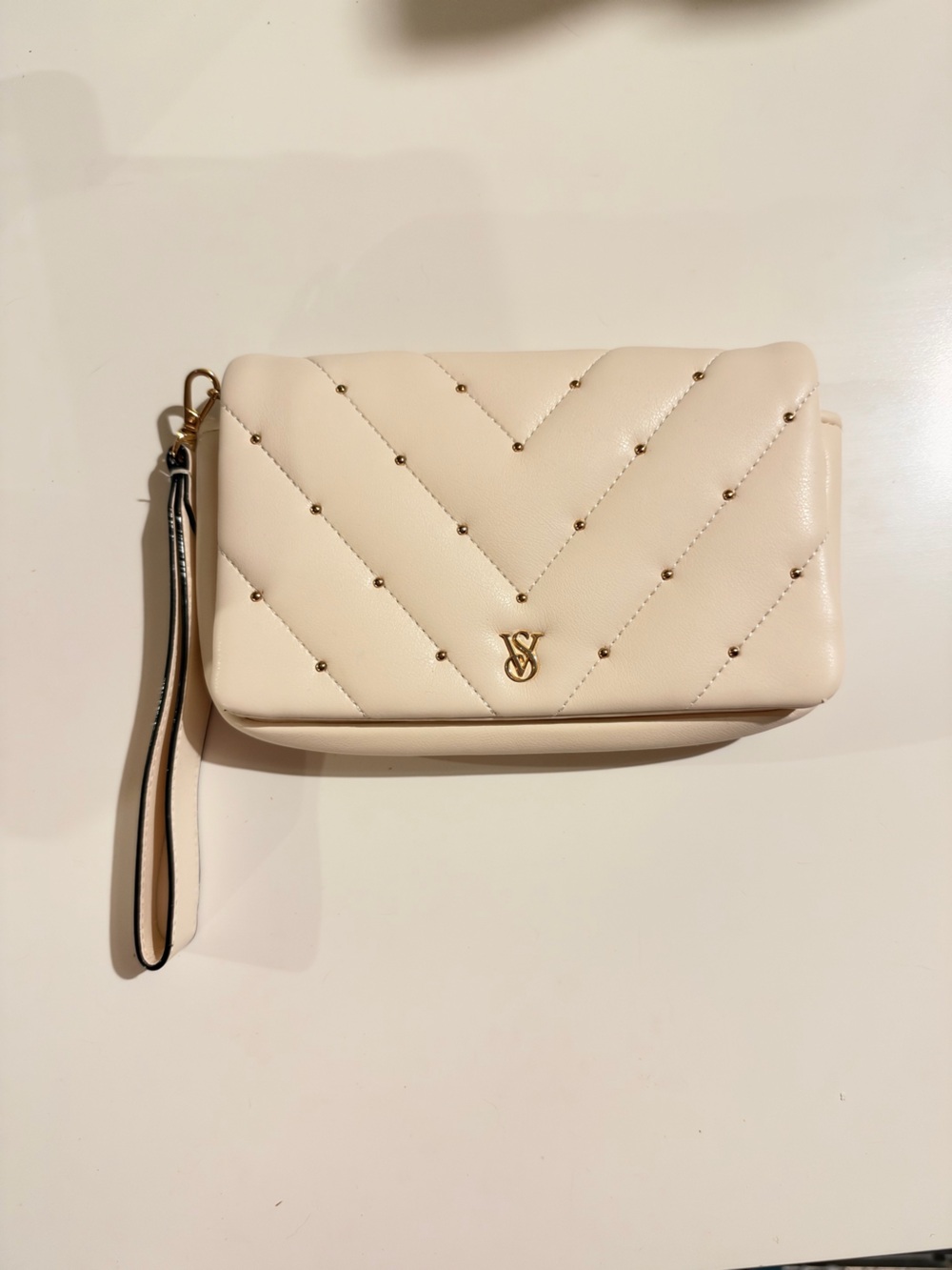 Victoria's Secret Cream Quilted Wristlet with Gold Accents